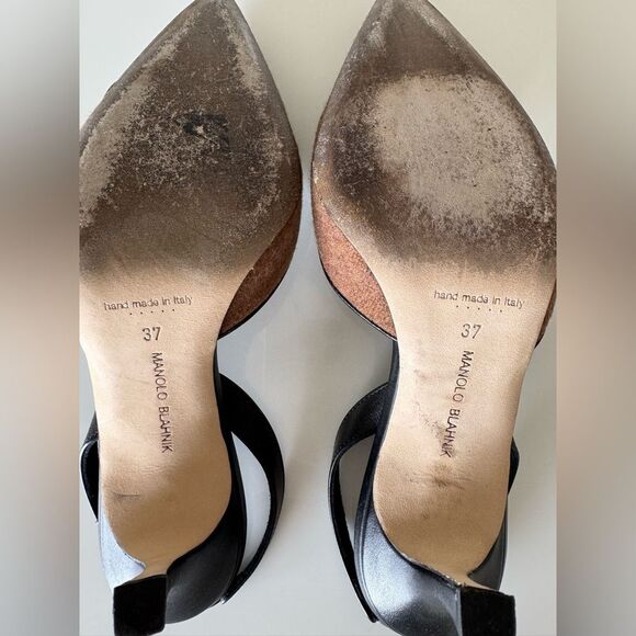 MANOLO BLAHNIK Brown Wool & Black Leather Buckle Mayslibi Heels EU 37 US 7 Shoes - Picture 8 of 10